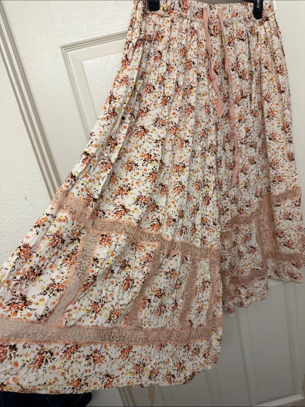 Free People Cream Floral Lace-Trim pajama pants